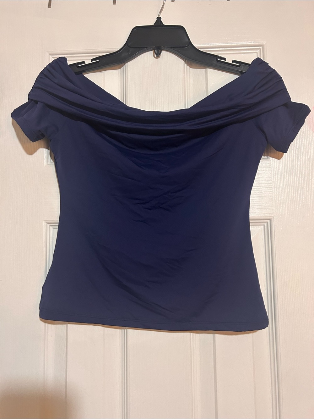 QINSEN Navy Blue Off The Shoulder Ruched Short Sleeve Top - Size L